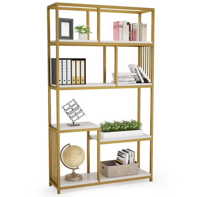 Denver bookcase-shelf with gold metal frame and white marble finish 100x30x180cm