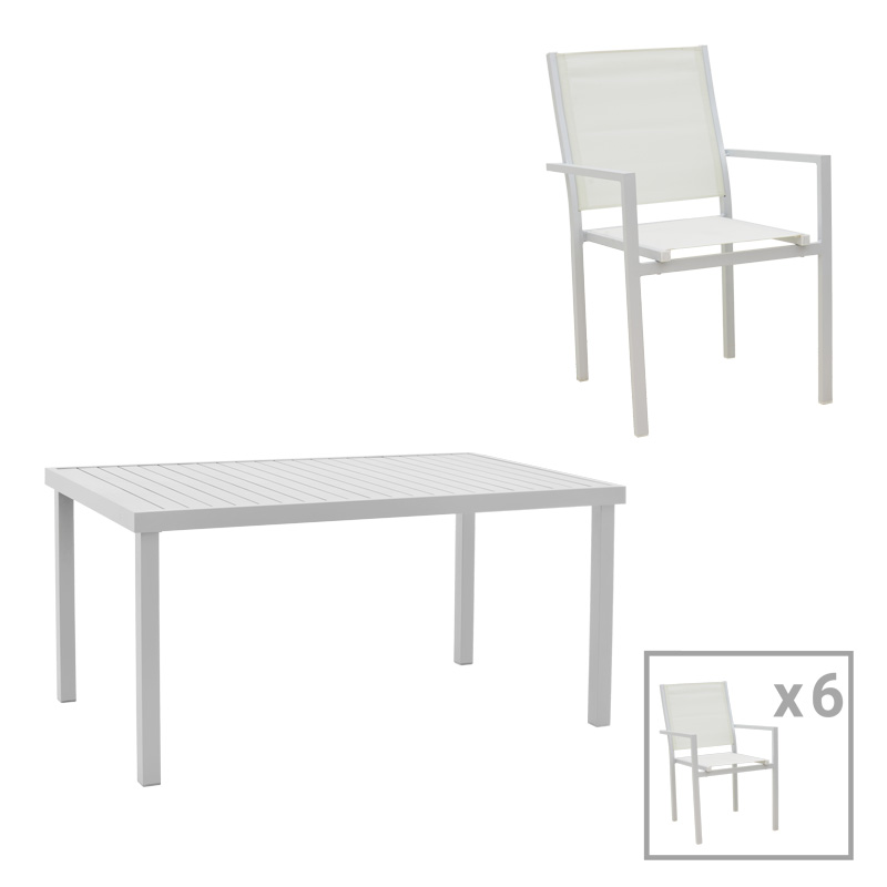 Zacreta-Kliton dining table set of 7 aluminum in white shade 150x80x74cm