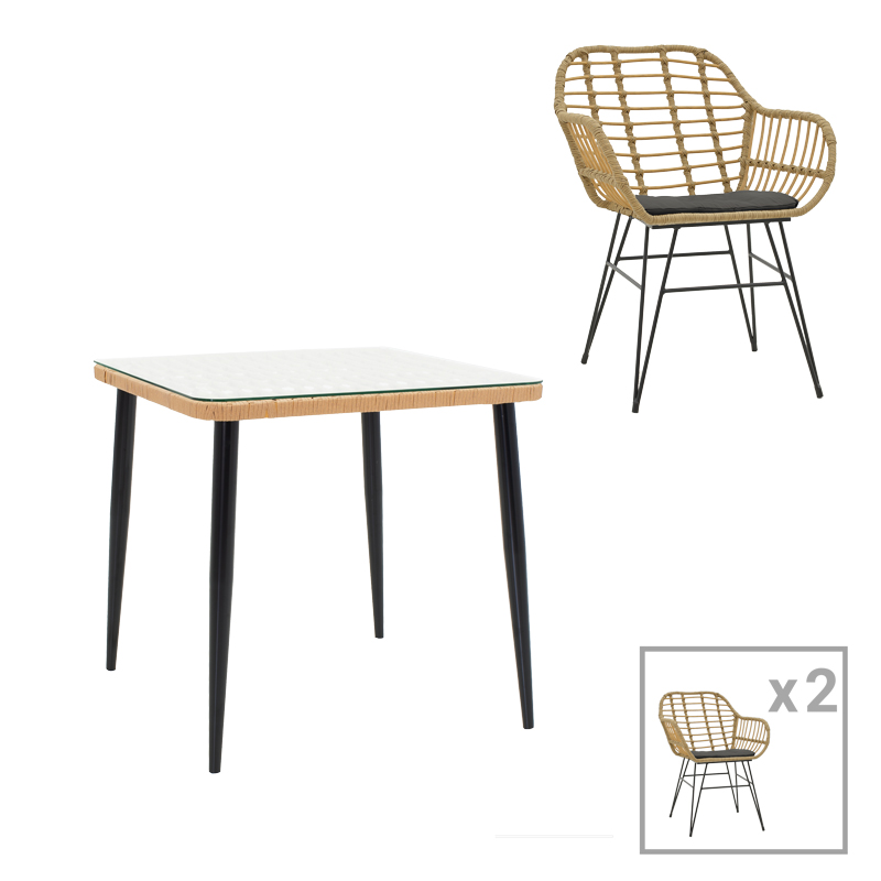 Naoki V dining table set of 3 rattan pe in natural shade and black metal 80x80x78cm