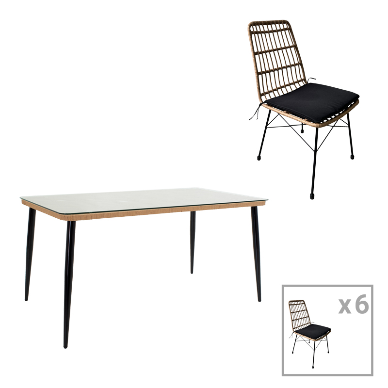 Naoki U dining table set of 7 rattan pe in natural shade and black metal 160x90x78cm