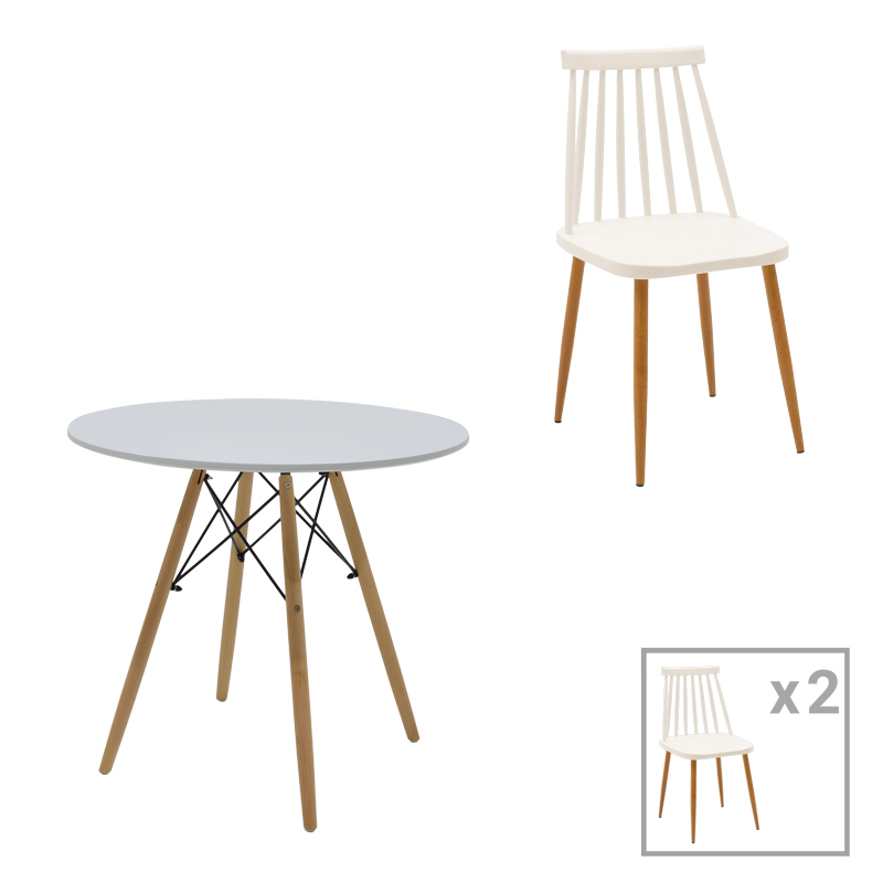 Aurora-Julita dining table set of 3 pp-mdf in white-natural color D80x73cm