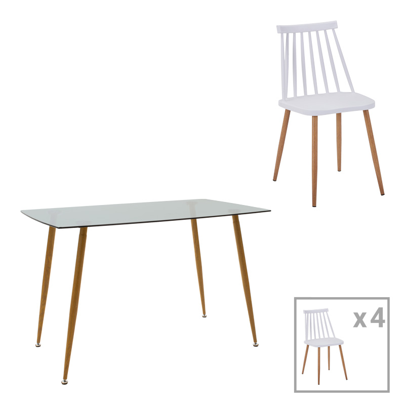 Dining table Chloe-Aurora I set of 5 pieces glass 8mm anthracite - natural leg 120x70x75cm