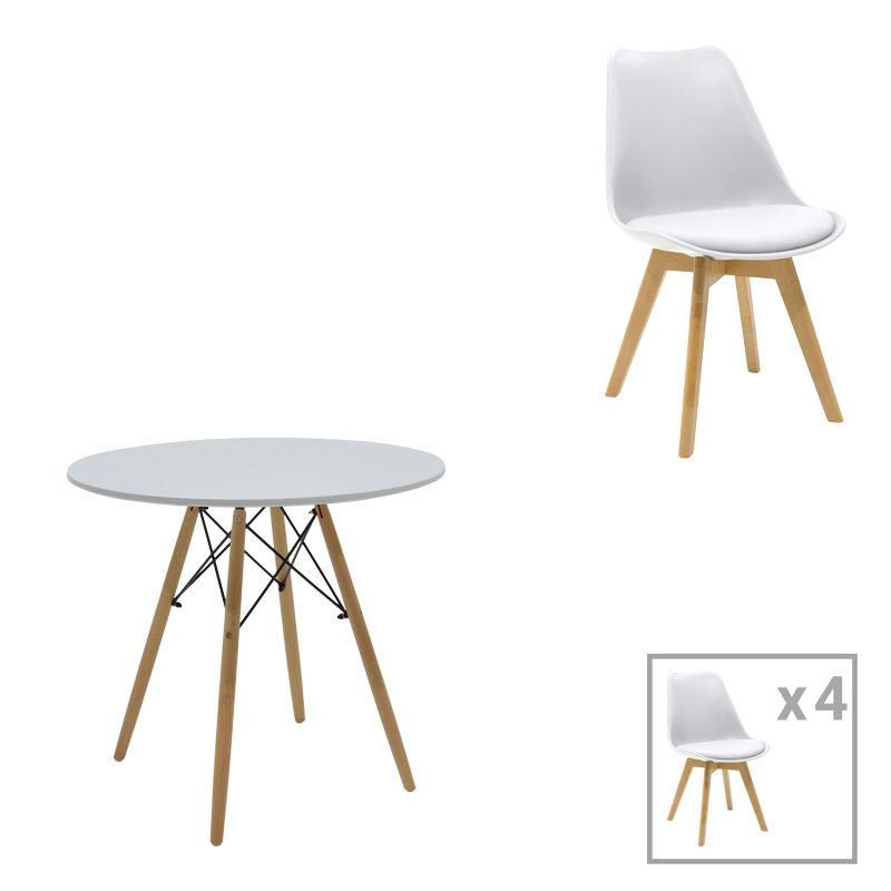 Julita-Gaston dining table set of 5 MDF and beech wood in white-natural shade D80x73cm