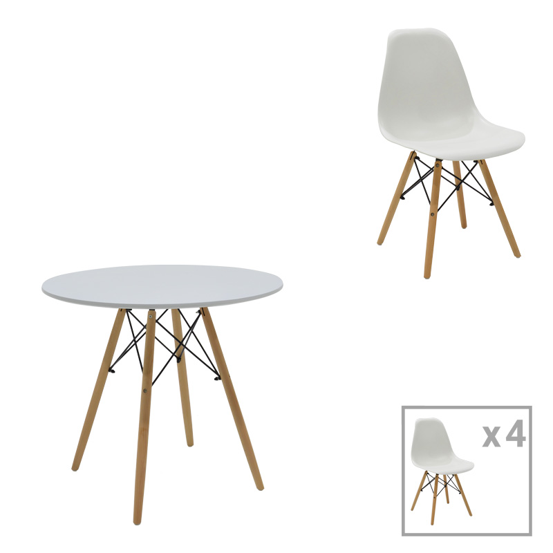 Julita dining table set of 5 MDF and beech wood in white-natural shade D80x73cm