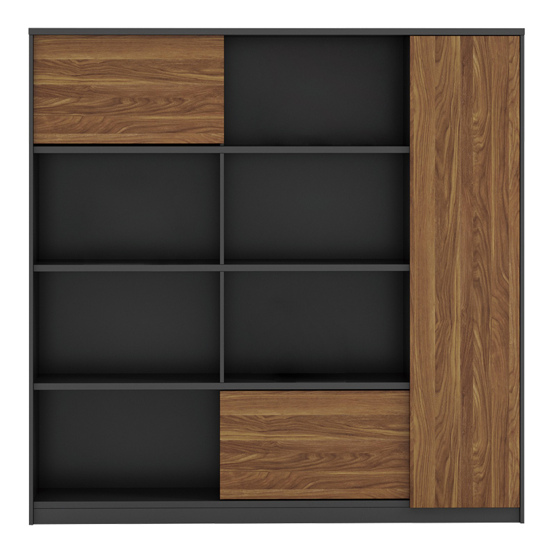 Professional oscar professional office display bookcase melamine in walnut-charcoal shade 180x40x180cm