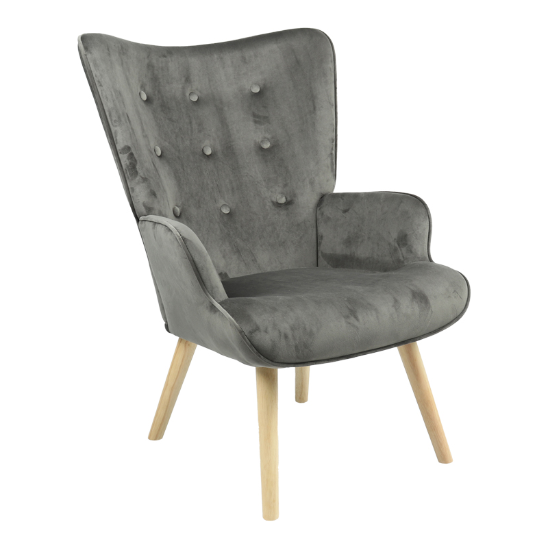 Armchair Fluffy velvet fabric dark grey-natural leg 75x69x96cm
