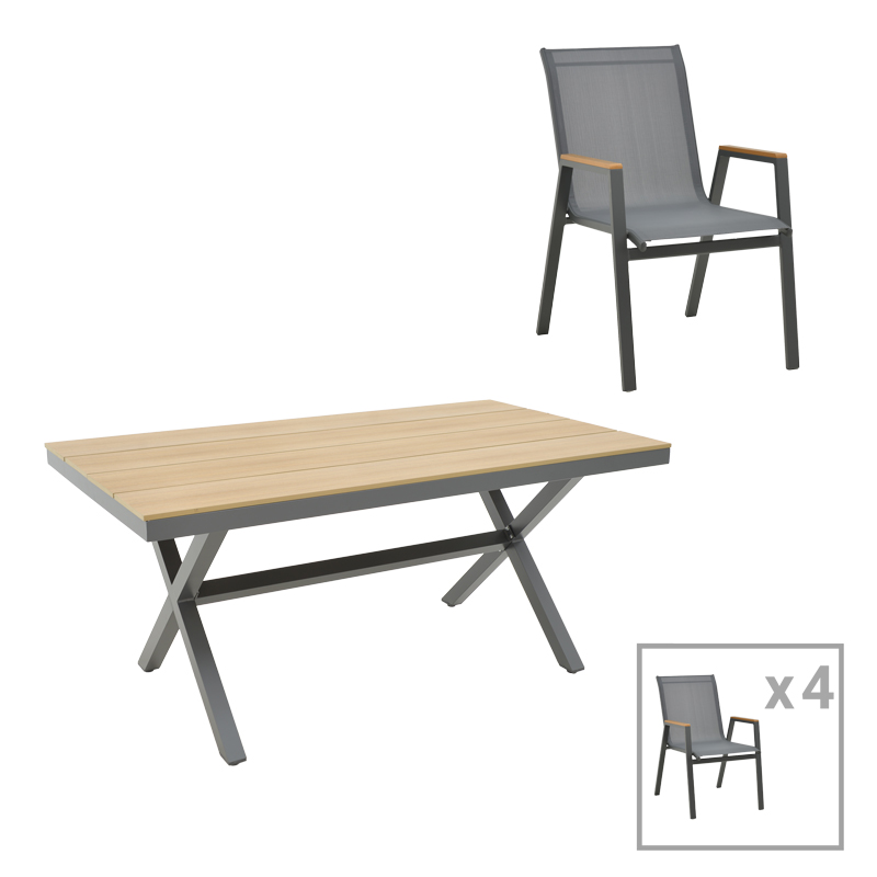 Thorio-Azelie dining table set of 5 anthracite aluminum and plywood in natural shade 160x90x75cm