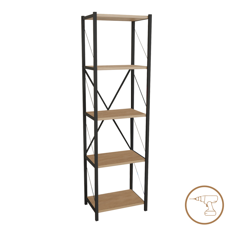Bookcase Glase oak melamine-black metal 40x30x150cm