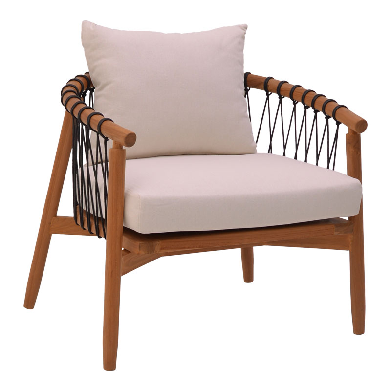 Armchair Haibo natural teakwood-black rope-white cushion 80x75x72cm
