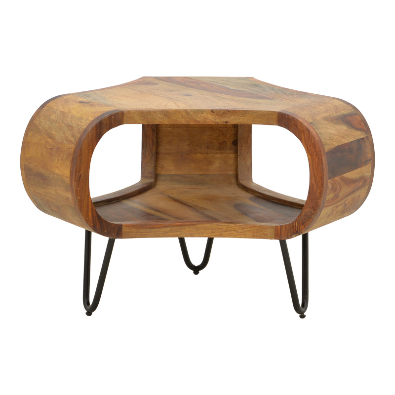 Merck table solid sheesham wood in walnut color with black metal legs D55x38cm