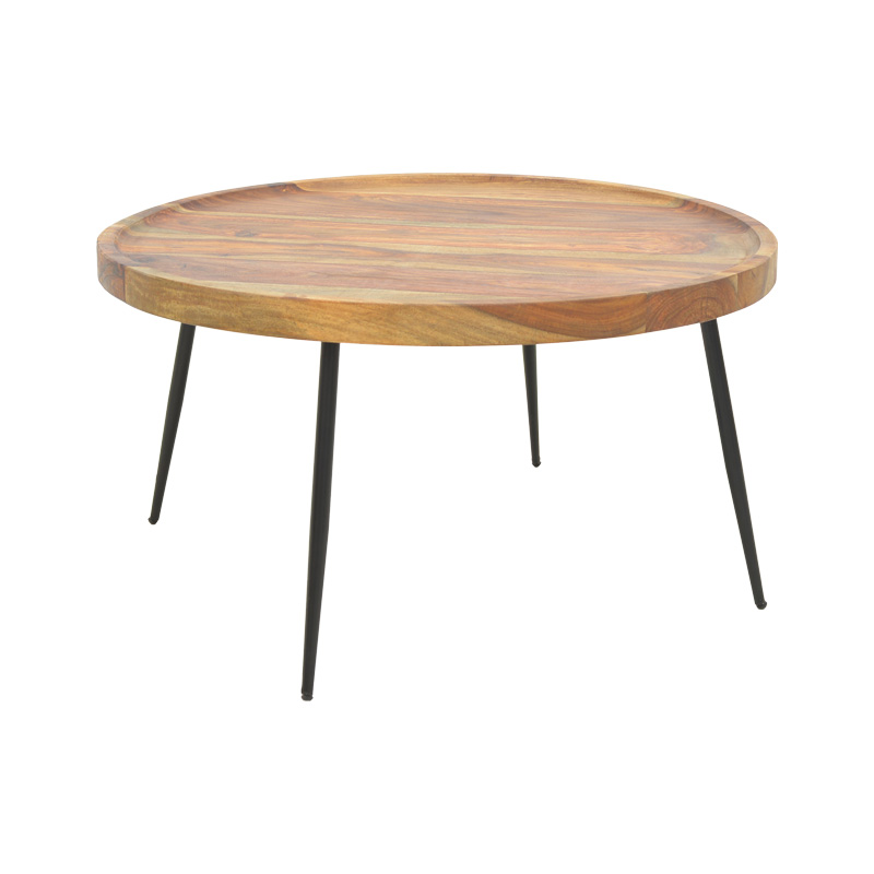 Tavolo table, solid sheesham wood in walnut color with black metal legs, Φ75x39cm