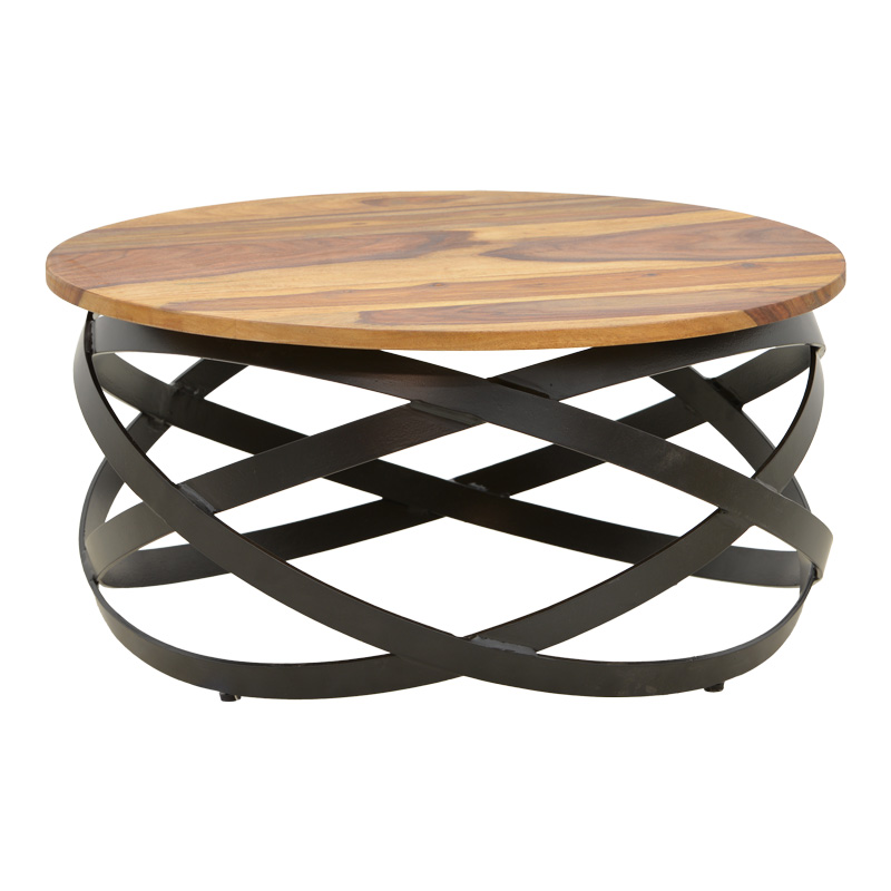 Monar table, solid sheesham wood in walnut color with black metal legs, Φ60x30cm